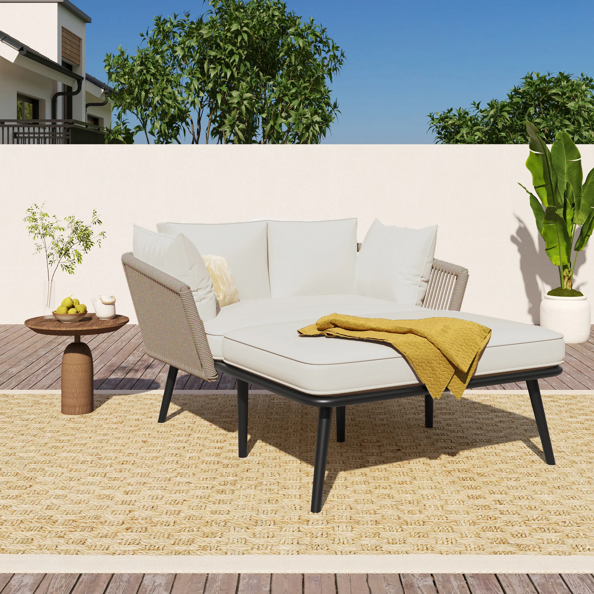Canapé de jardin et chaise longue en kaki, environ. 130x120x67 cm, canapé lounge avec coussin d'assise, 2 coussins de dossier et 2 oreillers, structure en acier avec corde en nylon pour balcon, terrasse et jardin, 2 emballages, assemblage requis