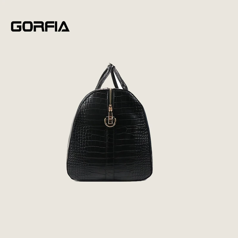 

GORFIA Black PU Leather Duffel Bag Crocodile Pattern Detachable Shoulder Strap Fashion Travel Fitness Suitcase Travel Bag
