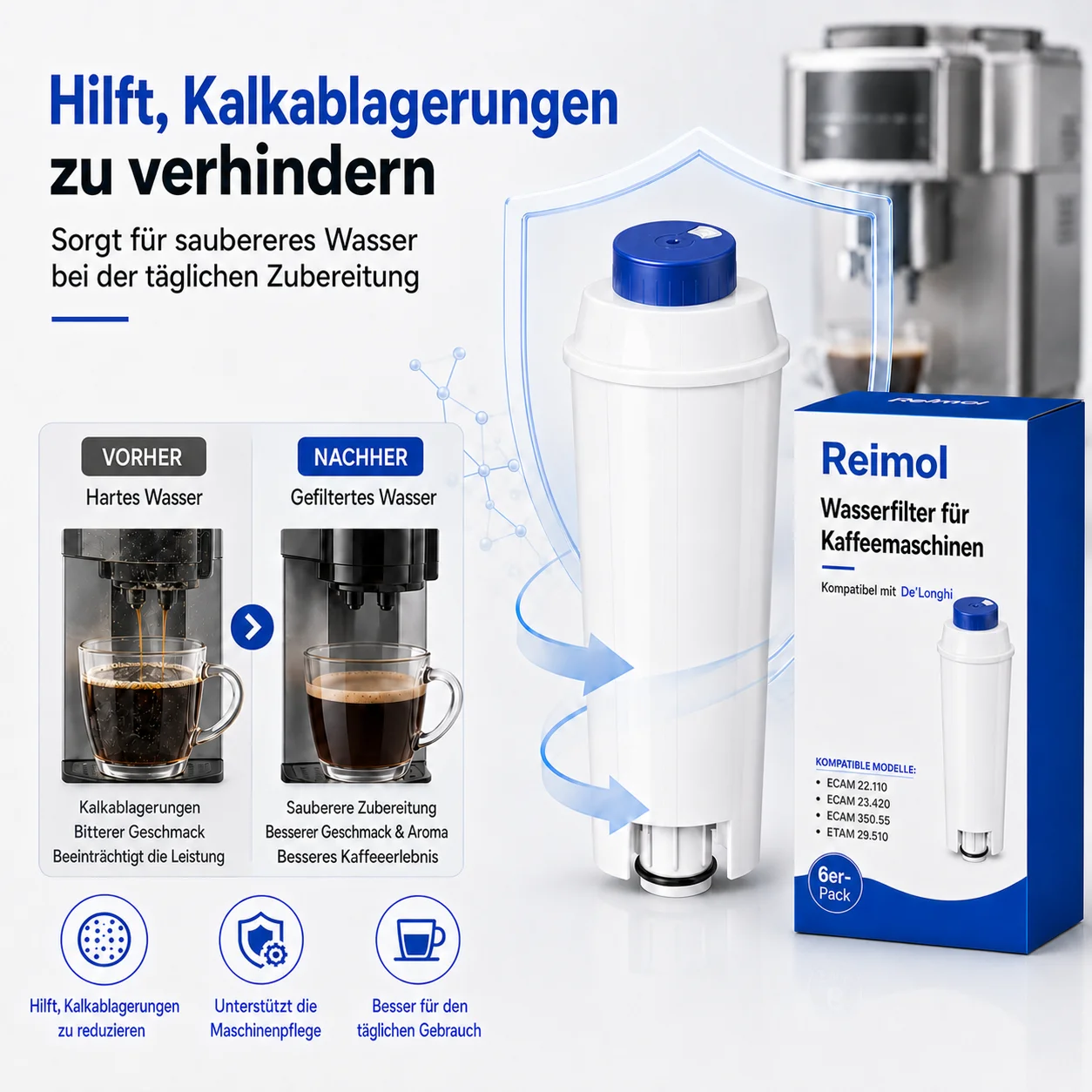 Reimol 6 Stück Wasserfilter Ersatzfilter für Kaffeemaschinen, kompatibel mit DeLonghi ECAM Serie, ESAM Serie und ETAM Serie – Detail 3