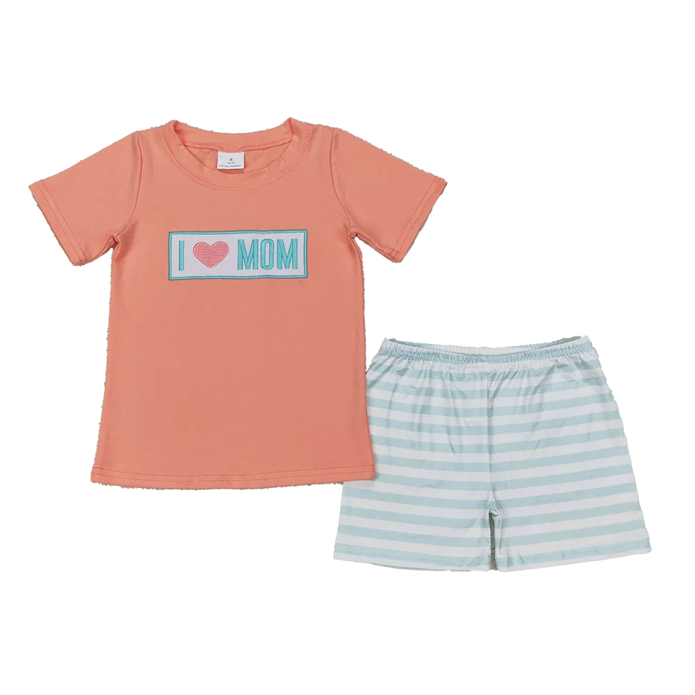 

BSSO1435Baby Boys Summer Boys Outfits Embroidery Baby Boys Orange I LOVE MOM Top Stripe Shorts Sets