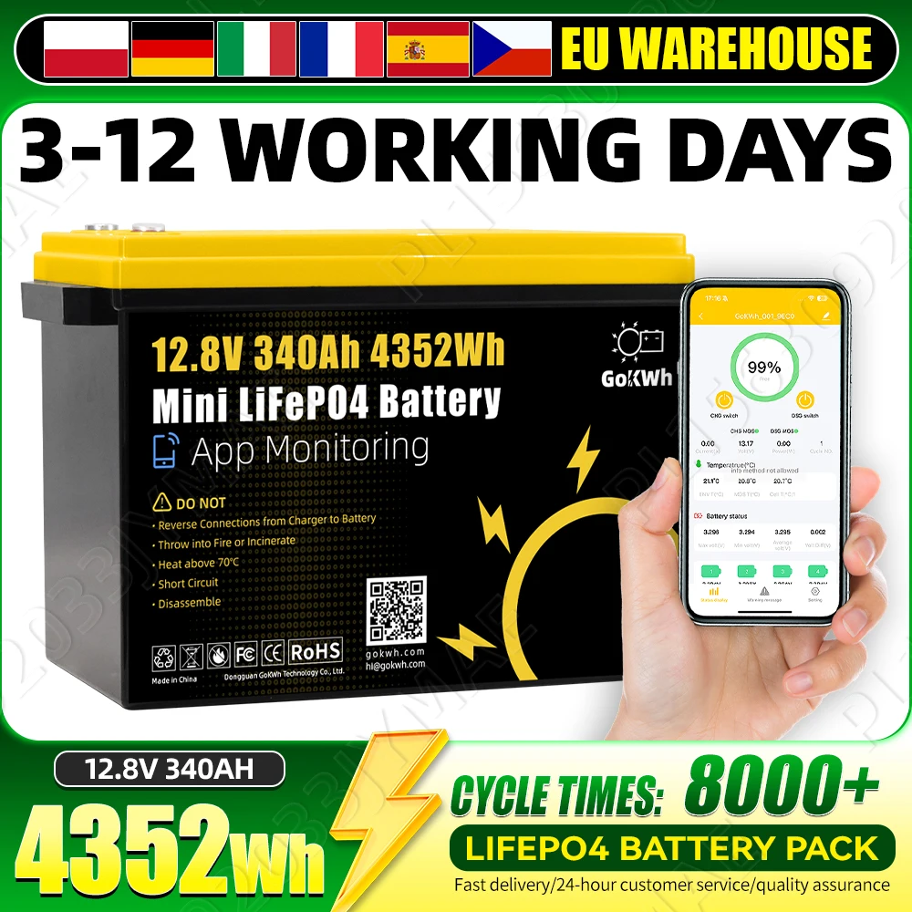 Batteria Lifepo4 12V 340Ah di alta qualità, supporta oltre 8000 cicli di carica/scarica profonda, monitoraggio tramite APP, pacco celle ricaricabili in fosfato di ferro e litio 12,8V per sistemi di