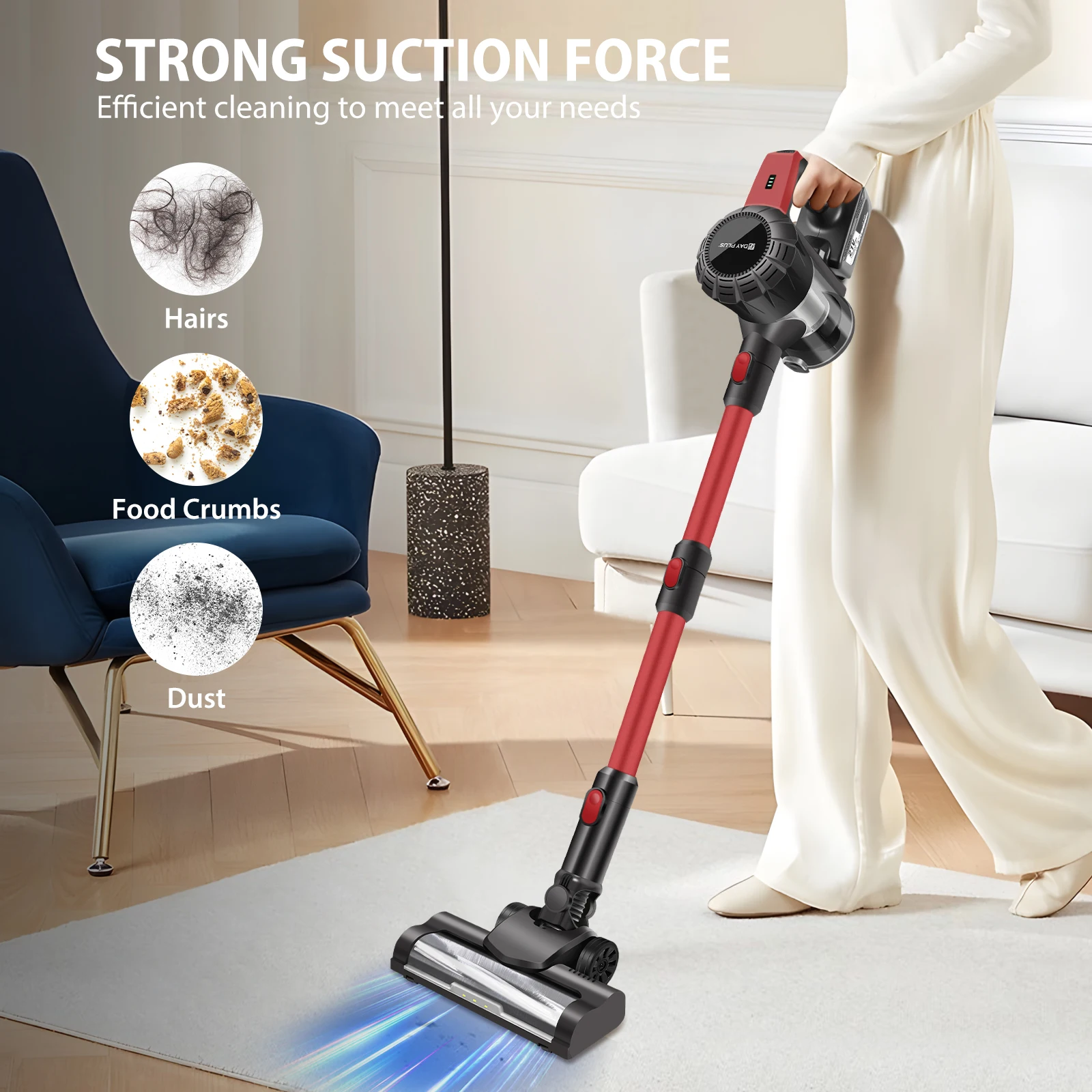 Cordless Vacuum Cleaner 3800W, 6 in 1 Upright Handheld Vacuum Cleaner, 30KPa Powerful 2 Suction Modes, Anti-Tangled Handheld Vacuums for Hard Floors C
