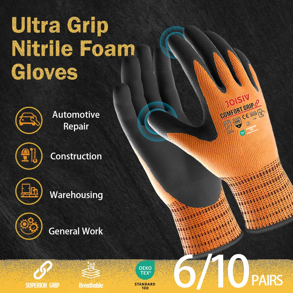 6/10 Pairs Nitrile Coated Work Gloves Heavy-Duty Non-Slip Lightweight Durable Breathable for Construction Auto Repair Gardening