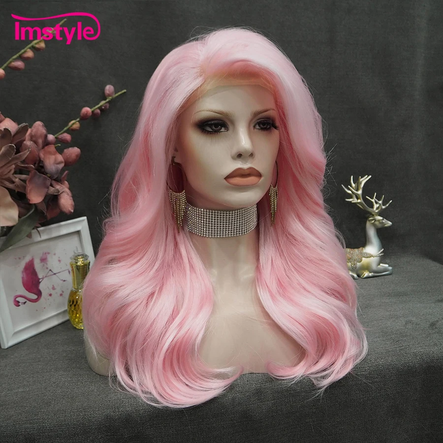 Imstyle Pink Lace Wig Synthetic Lace Front Wig Heat Resistant Fiber Natural Wavy Wigs For Cosplay Wigs Women Wig