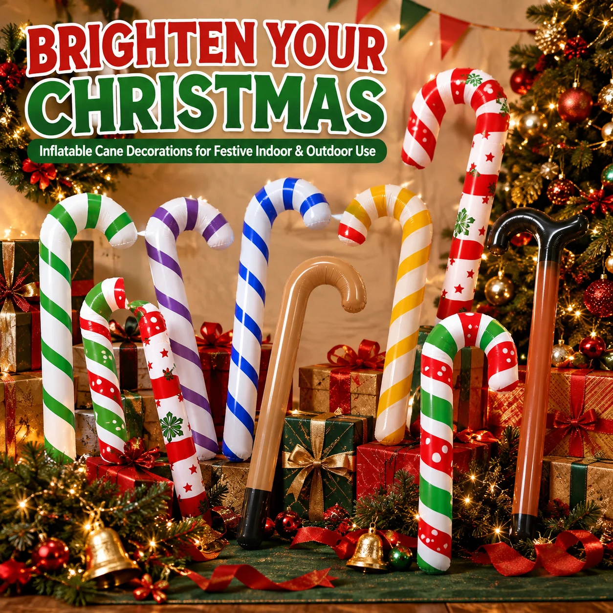 1pc Giant Inflatable Christmas Candy Cane Walking Stick Photo Booth Prop for Party Stage Store Mall Holiday Decor