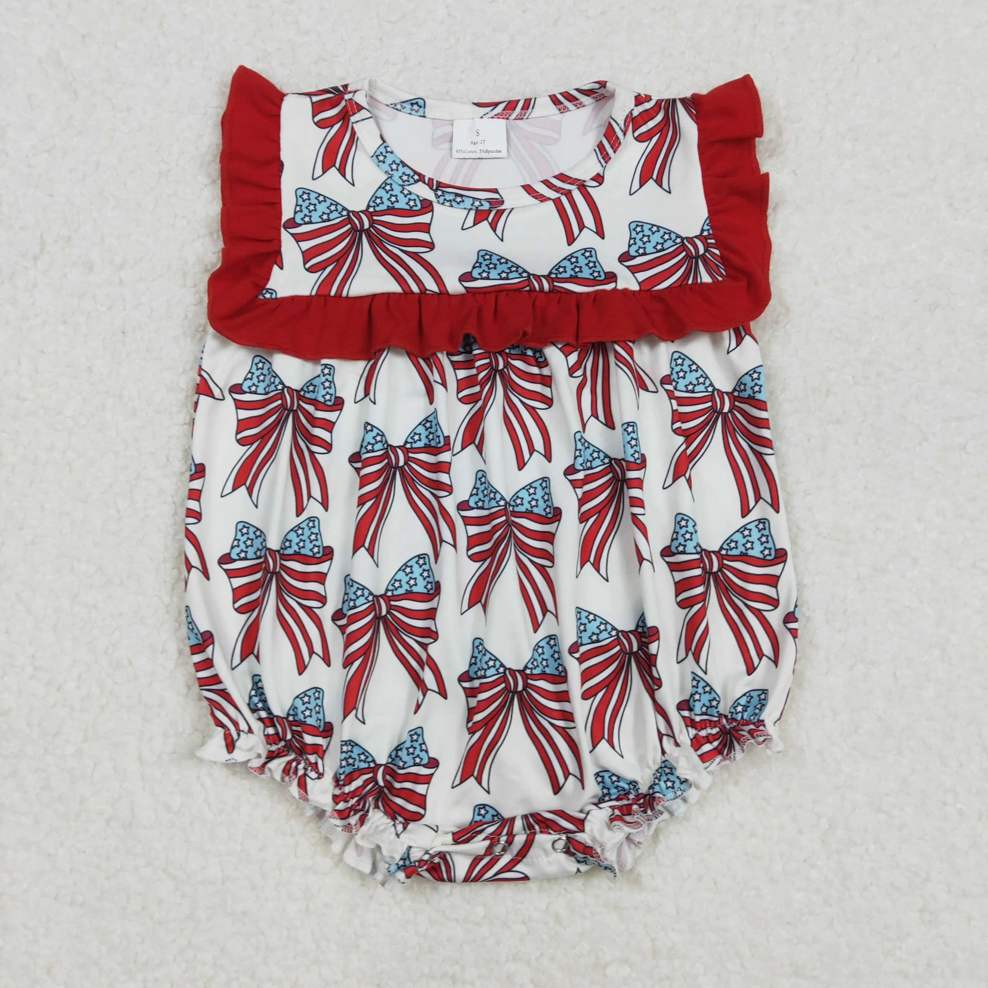 

New Fashion Baby Infant Girls 4th Of July Bow Ruffle Rompers Boutique Wholesale Puffy Short Sleeve Romper Children Bodysuit