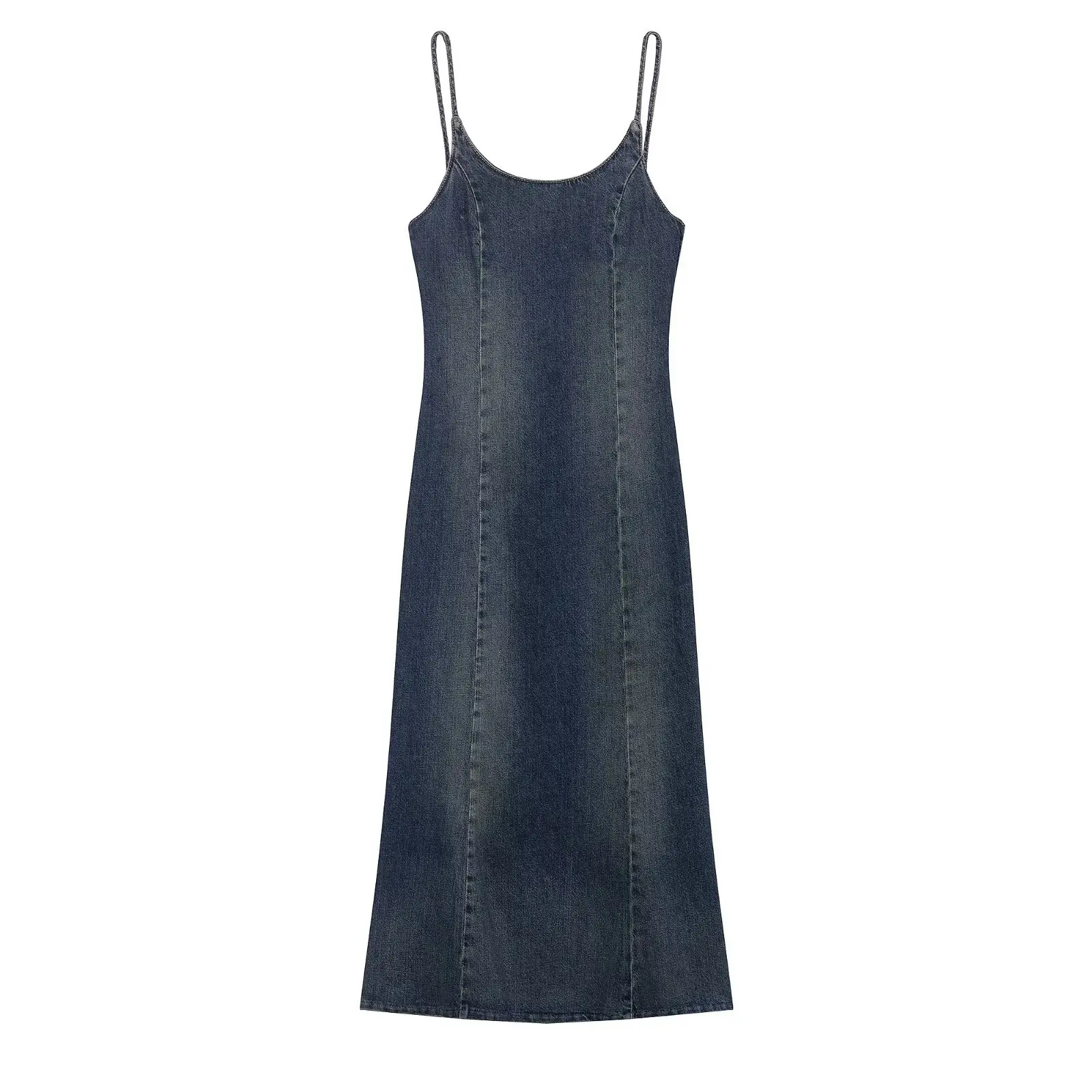 冬レトロ新作 レディース ミディアム丈 デニムプリーツサスペンダードレス エスニック風 ステージ衣装 トレンドファッションドレス