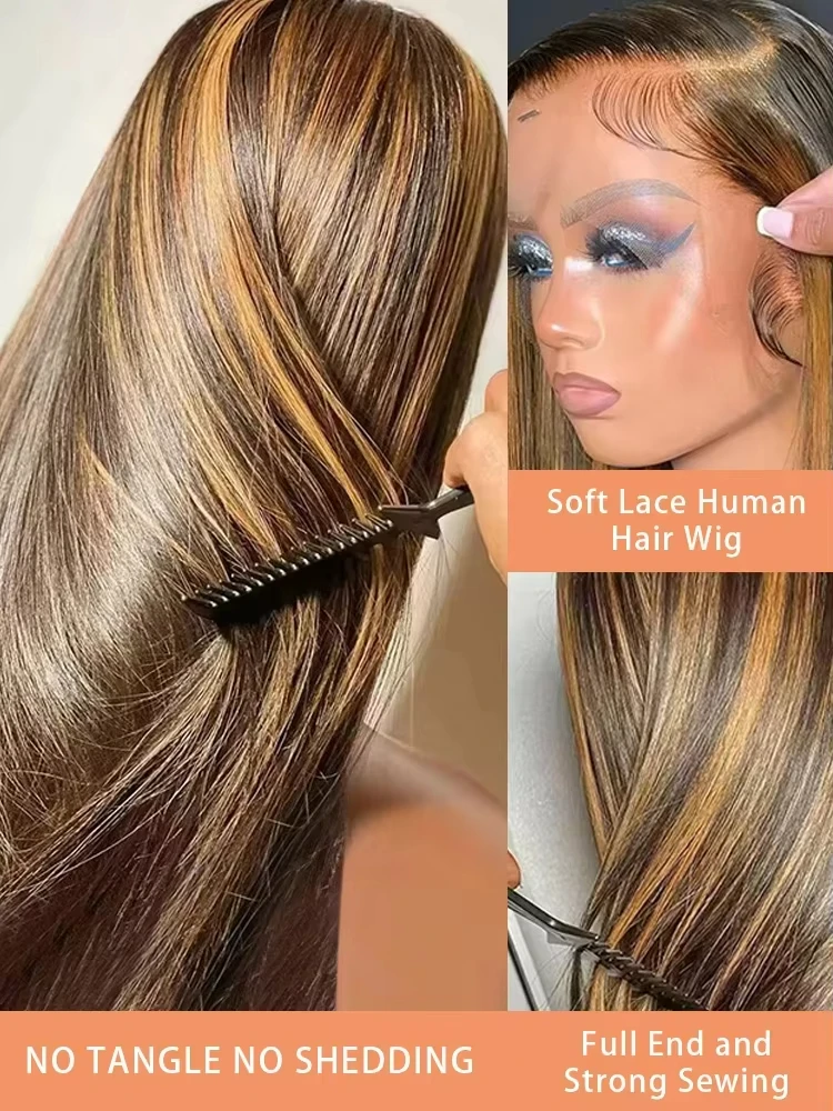 30 40 بوصة 4/27 أومبير براون تسليط الضوء على 13x6 HD الدانتيل الجبهة باروكة من شعر طبيعي عالية الكثافة العظام مستقيم الملونة الدانتيل شعر مستعار أمامي #2