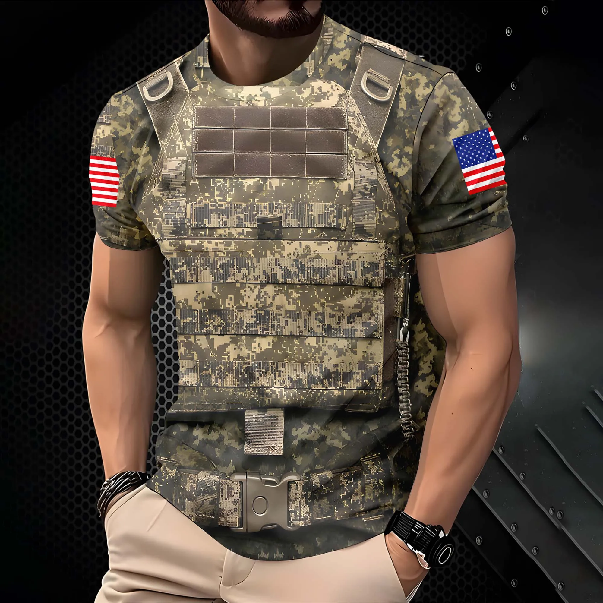 Summer Military Camo US Flag Sleeve 3D Tactical Vest Pattern Mens Fitted Top Breathable Short Sleeve Fishing Shooting Tees