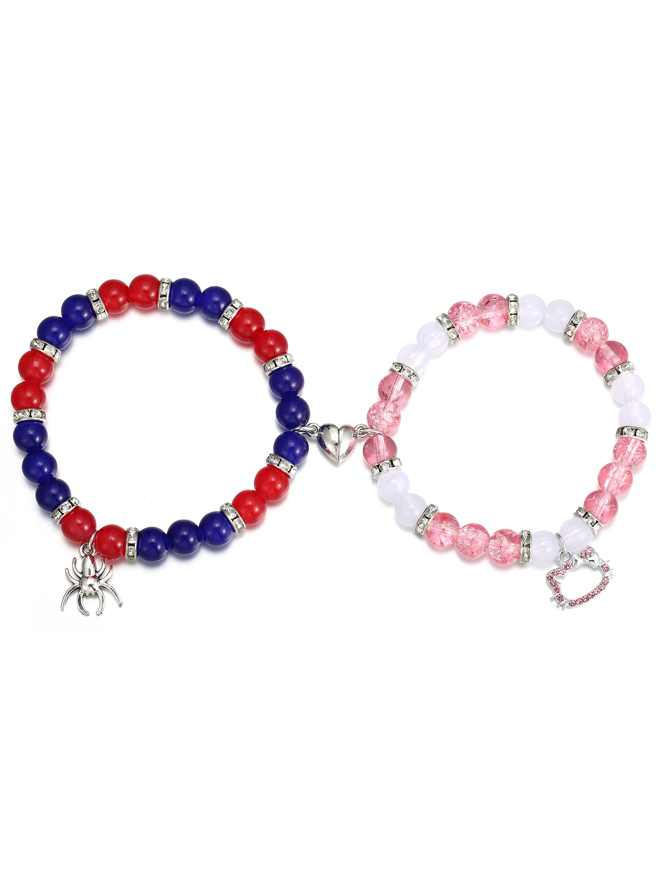 2 pcs of Spider and Cat Pendant Heart Shaped Magnet Bead Elastic Couple\'s Bracelets, Bff Trendy Jewelry Gifts