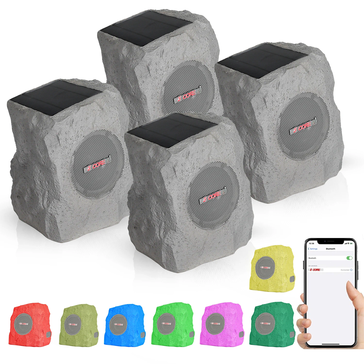

5 Core Rock Speaker Outdoor Waterproof Bluetooth Garden Speakers Solar & USB Charging RGB Colors for Patio Pool & Home