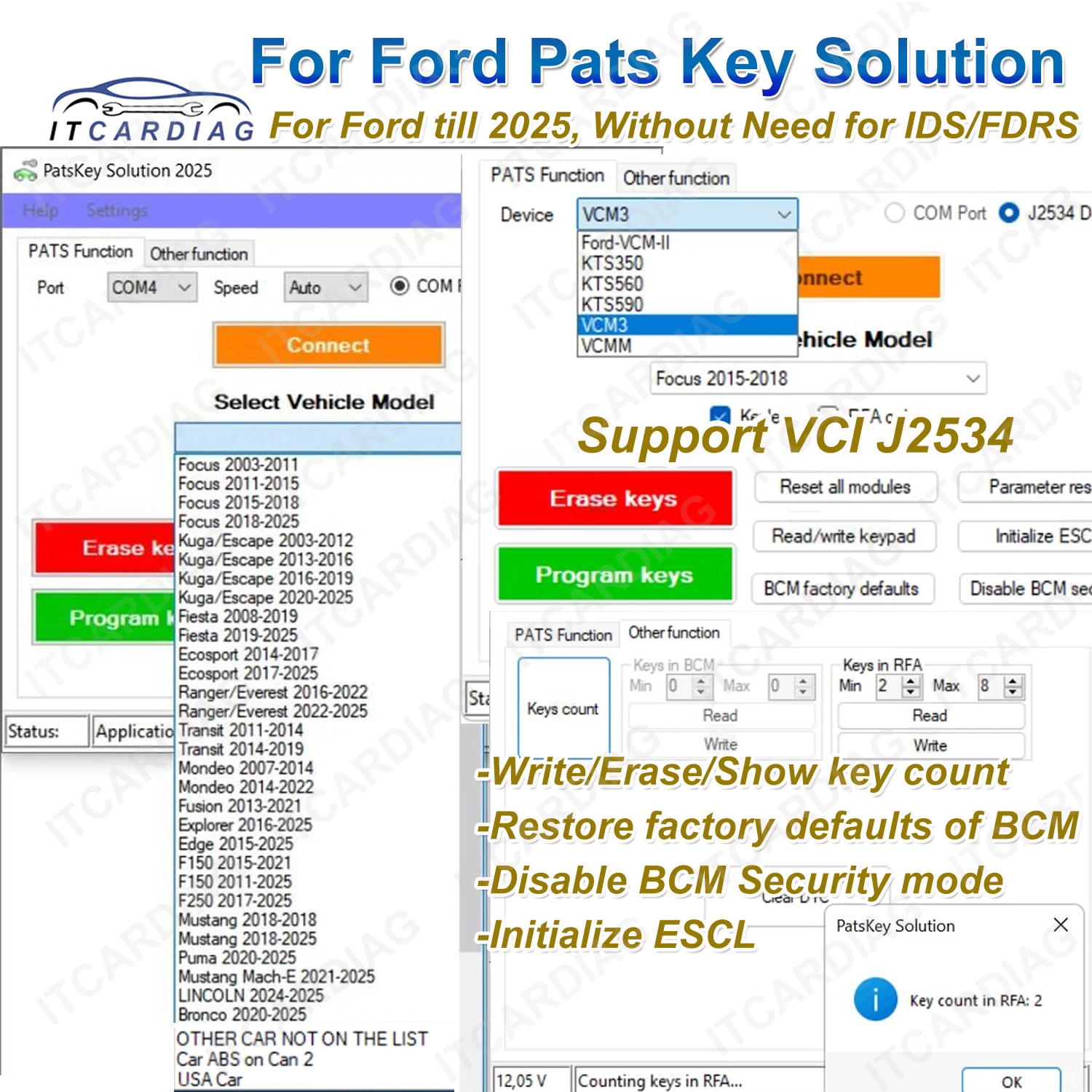 For Ford Pats Key Solution 2025 Patskey Show Key Count Erase Keys Read/Write Keypad Code Disable BCM Securit Mode Support J2534