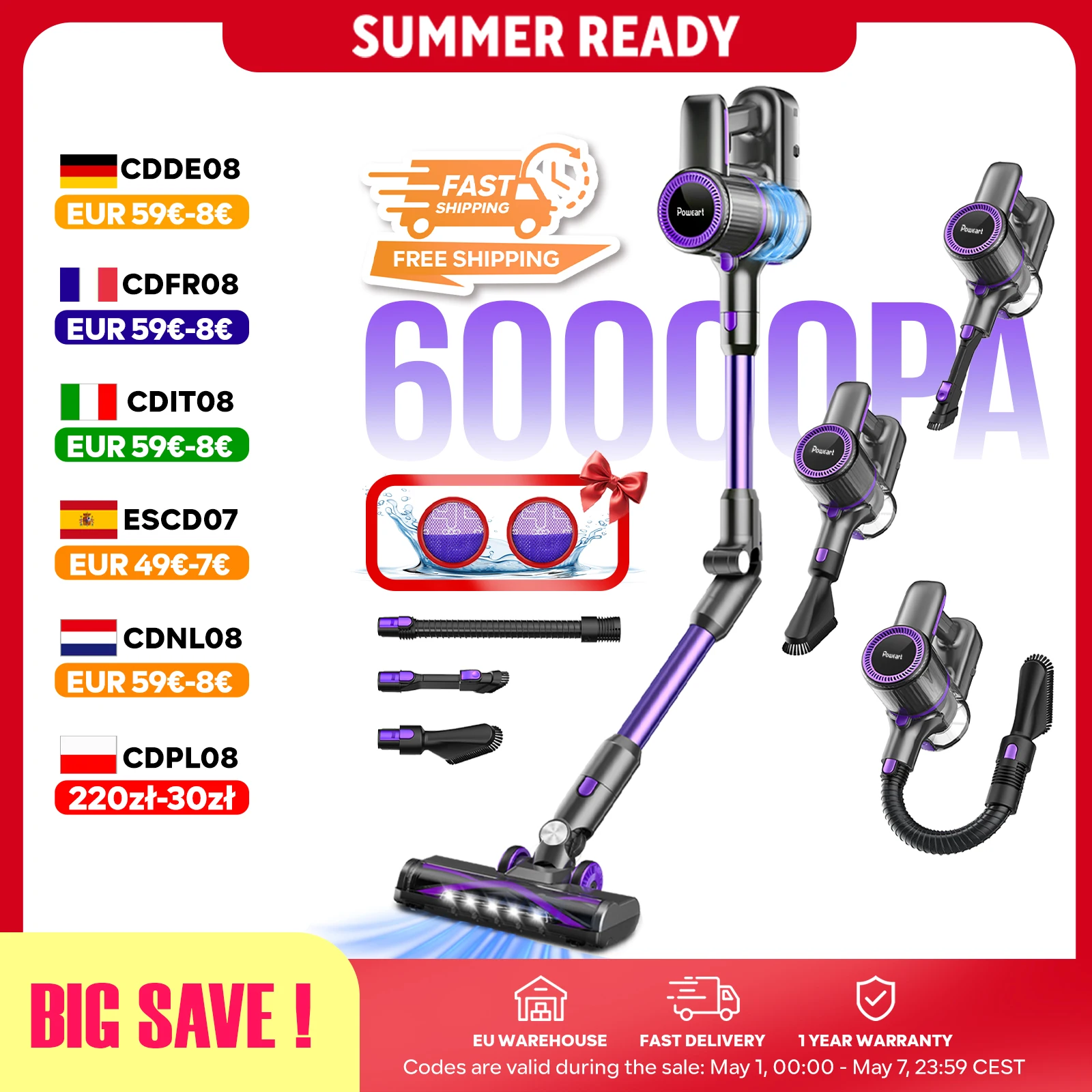 N700 Aspirateur sans Fil, 60KPa, 50Min, Tasse à Poussière de 1 L, pour les Poils D'animaux, Tapis, Sols Durs