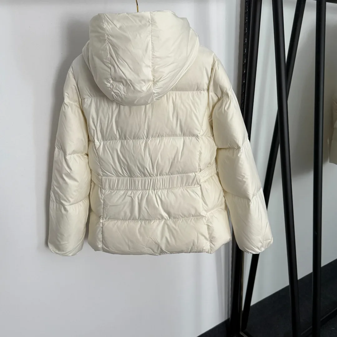 

2025 Autumn and Winter Warm Women's Cotton Jacket Letter Long Sleeve Hooded Cotton Jacket Waist Belt Removable Hood