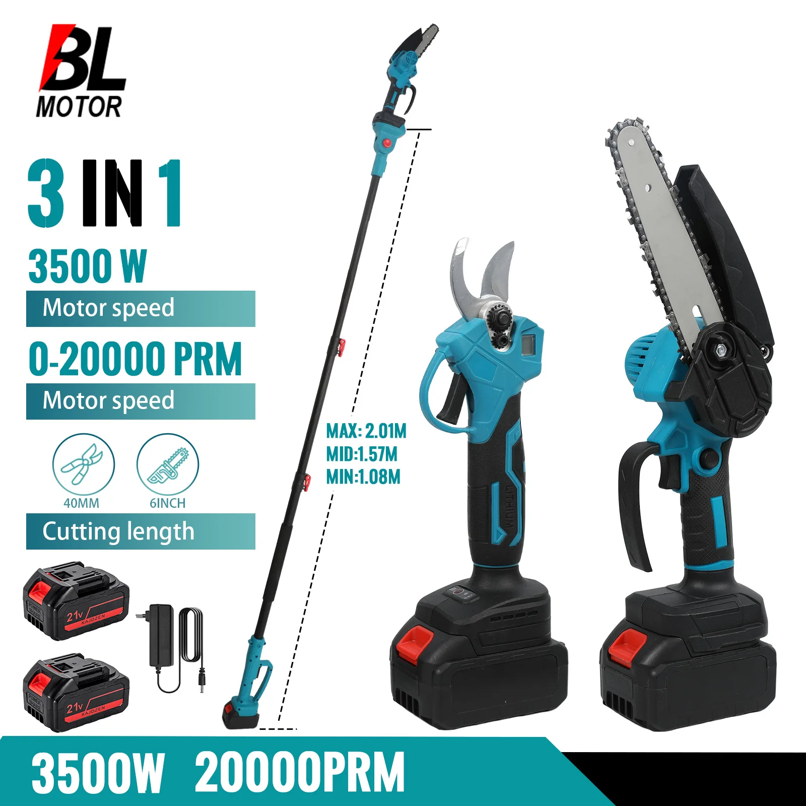 Sécateur électrique télescopique sans balais 3500W, scie à chaîne électrique pour l'élagage des arbres de jardin, scie à branches hautes pour batterie Makita 18V