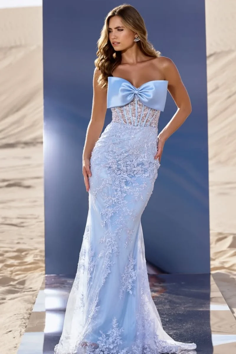 Jessica Sky Blue Evening Dresses Herringbone Lace Embroidery Prom Dresses Off-shoulder Mermaid Bow Vestidos De FiestaCustomized