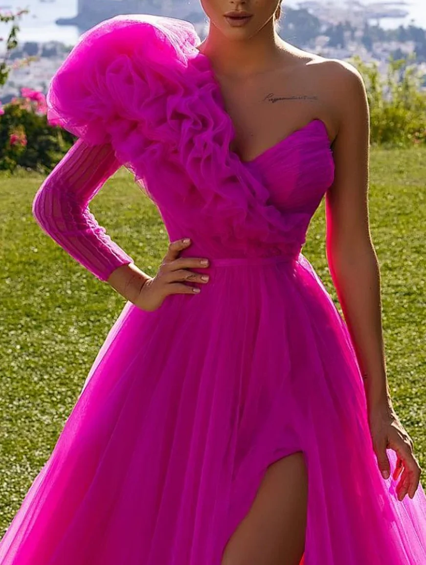 Ball Gown Prom Dresses Elegant Dress Prom Birthday Sweep Brush Train Long Sleeve One Shoulder Tulle فساتين سهرة