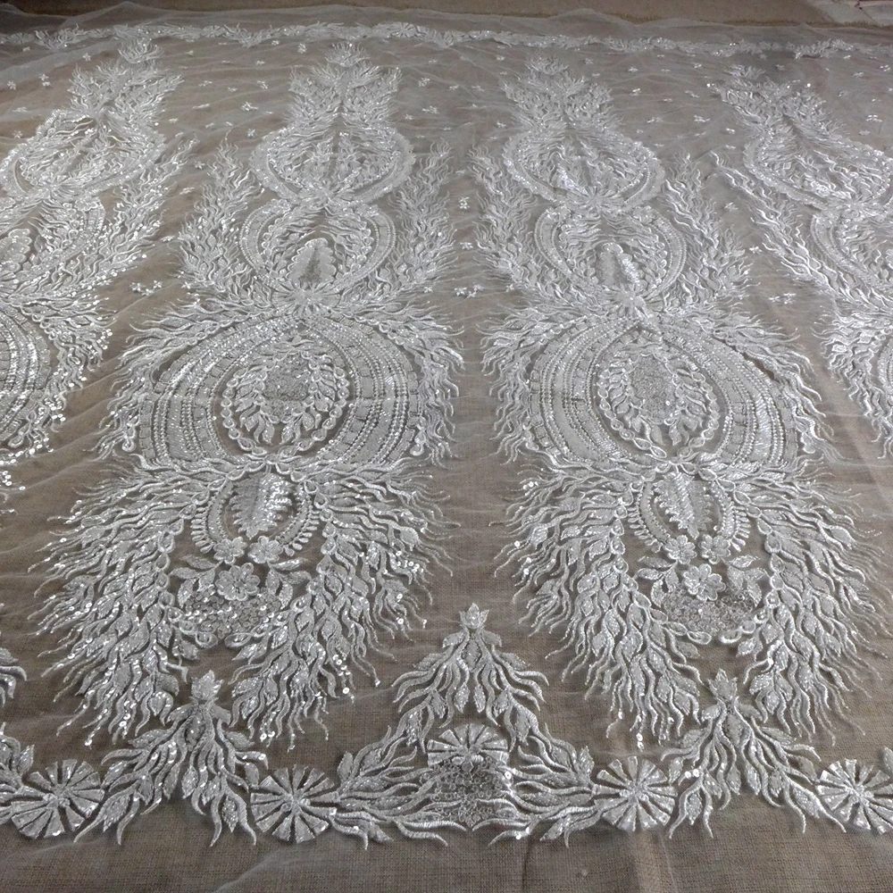 

HelluyerDC Off-white beading lace fabric,Large patterns,one side lace for fashion, wedding,evening,dance gown by the yard