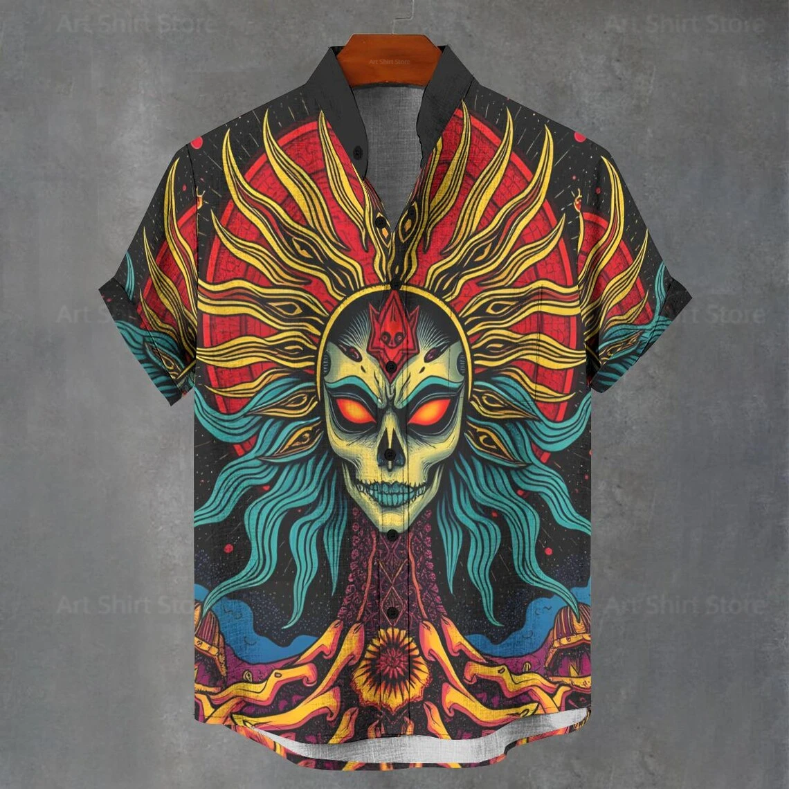 

Men's hot selling summer casual fashion cool alien pattern printed linen short sleeved shirt men's fashion button top