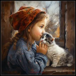 Embroidery Counted Cross Stitch Kits Needlework - Crafts 14 ct DMC Color DIY Arts Handmade Decor - Little Girl Kissing a Kitten