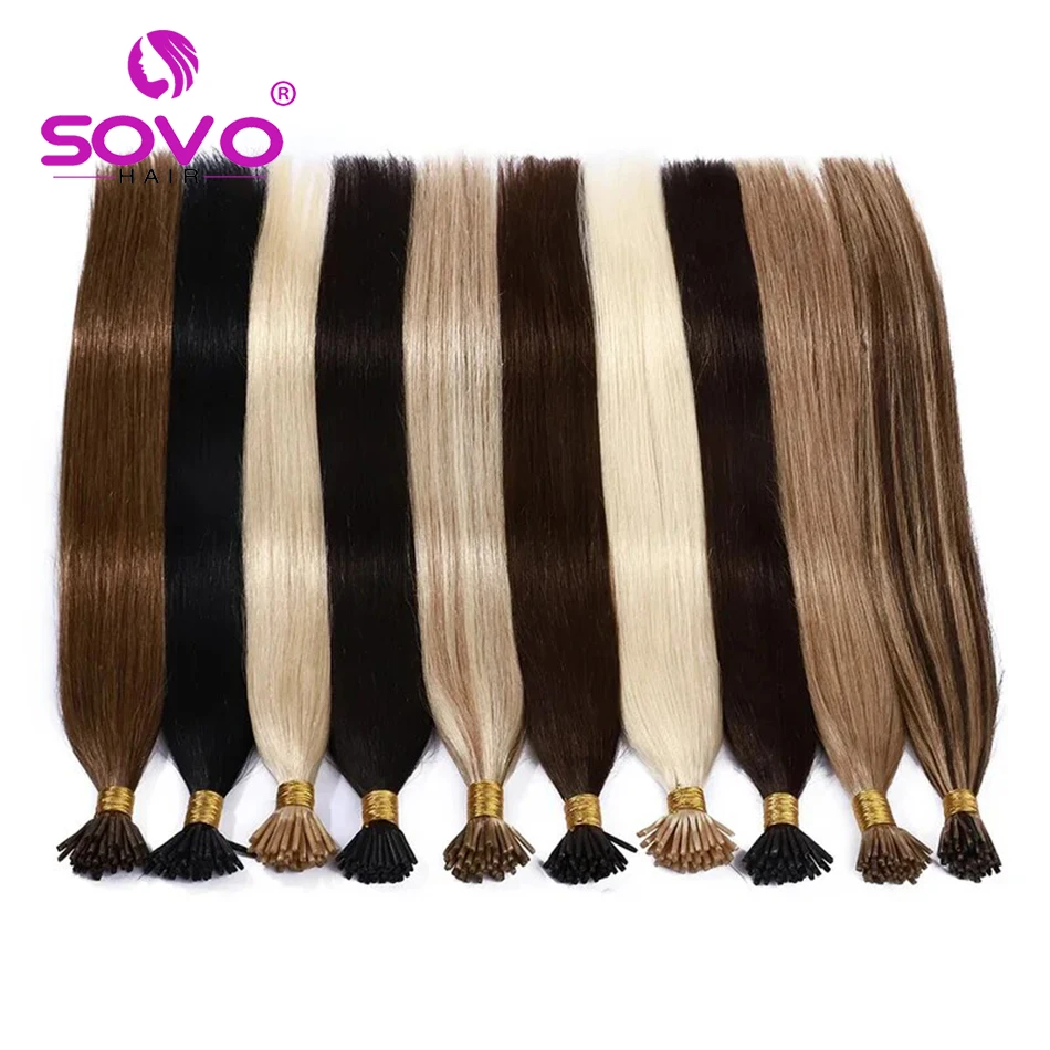 I Tip Hair Extensions Straight Natural Real Human Fusion Hair Extensions 50Strands/ Pack Keratin Capsule Black Color 12-26inch