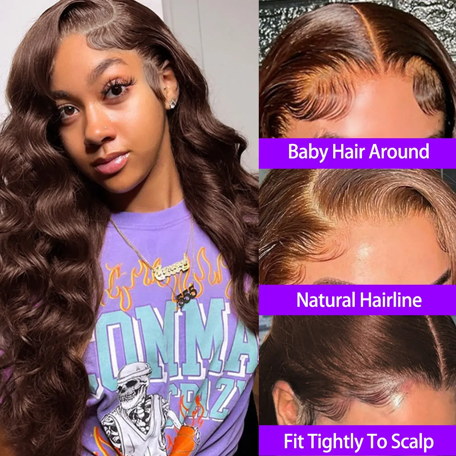 34 Inch Body Wave Chocolate Brown Lace Front Wigs Human Hair Pre Plucked