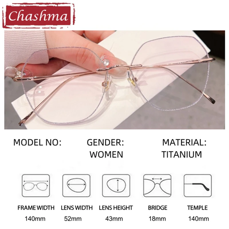Chashma Prescription Glasses Fashion Women Titanium Tint Color Recipe Lenses Eyeglasses Diamond Trim Rimless Eyewear for Female