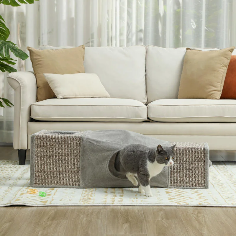 Tunnel pliable pour chat, maison de jeu, cachette chaude en peluche avec balle suspendue, jouet interactif, griffoir en sisal, plusieurs entrées