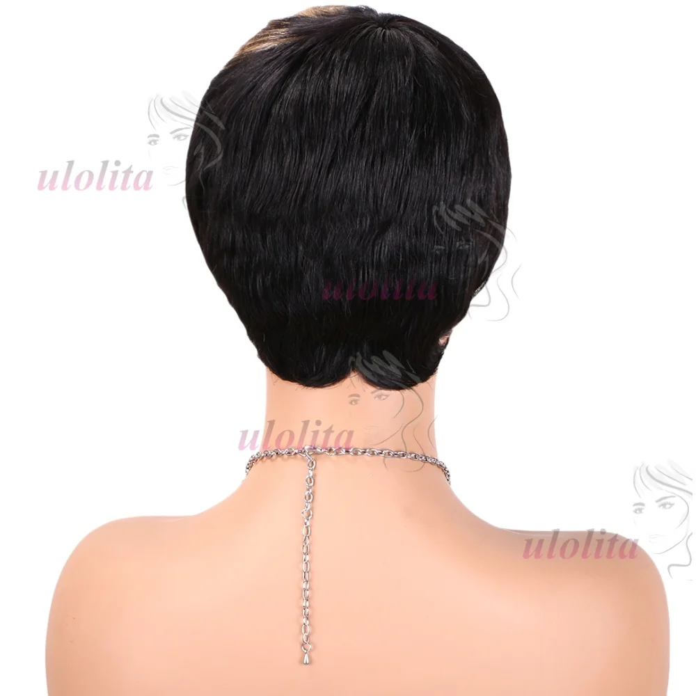 Schwarzbraune Highlight-Kurzhaarperücke mit geradem Schnitt für Frauen, Kleberlose Perücke mit Pony aus brasilianischem Remy-Echthaar – Detail 8