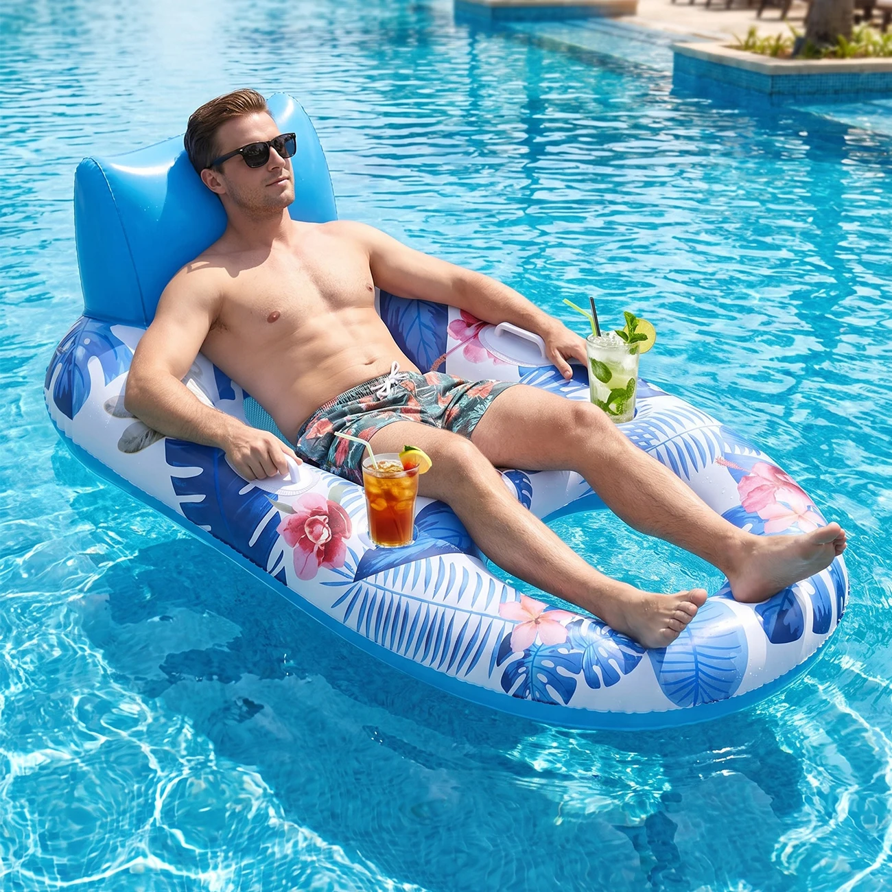 1pc Inflatable Pool Float Lounge Chair with Backrest Tropical Leaf Water Hammock Lounger Air Mattress Swimming Pool Raft Recli