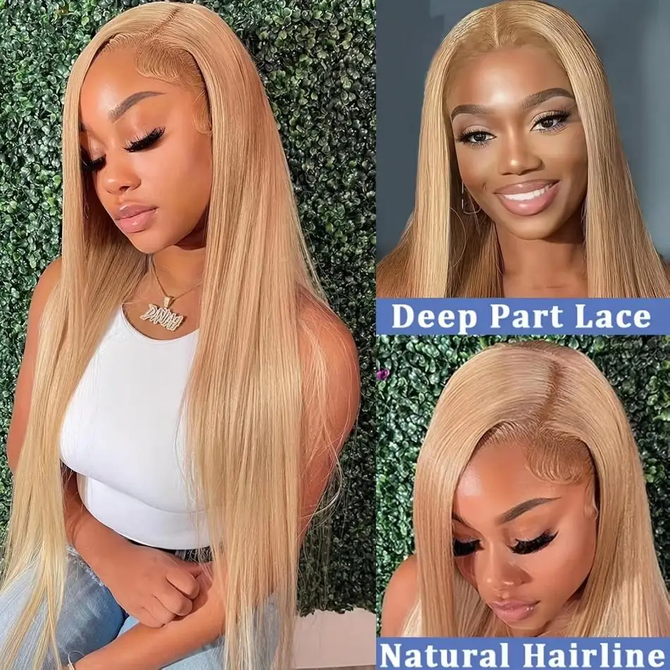 Wiggogo #27 Honey Blonde Human Hair Straight Wig 13X6 Lace Frontal Preplucked Wig 30 32 Inch Lace Front Colored Brazilian Wigs image 3