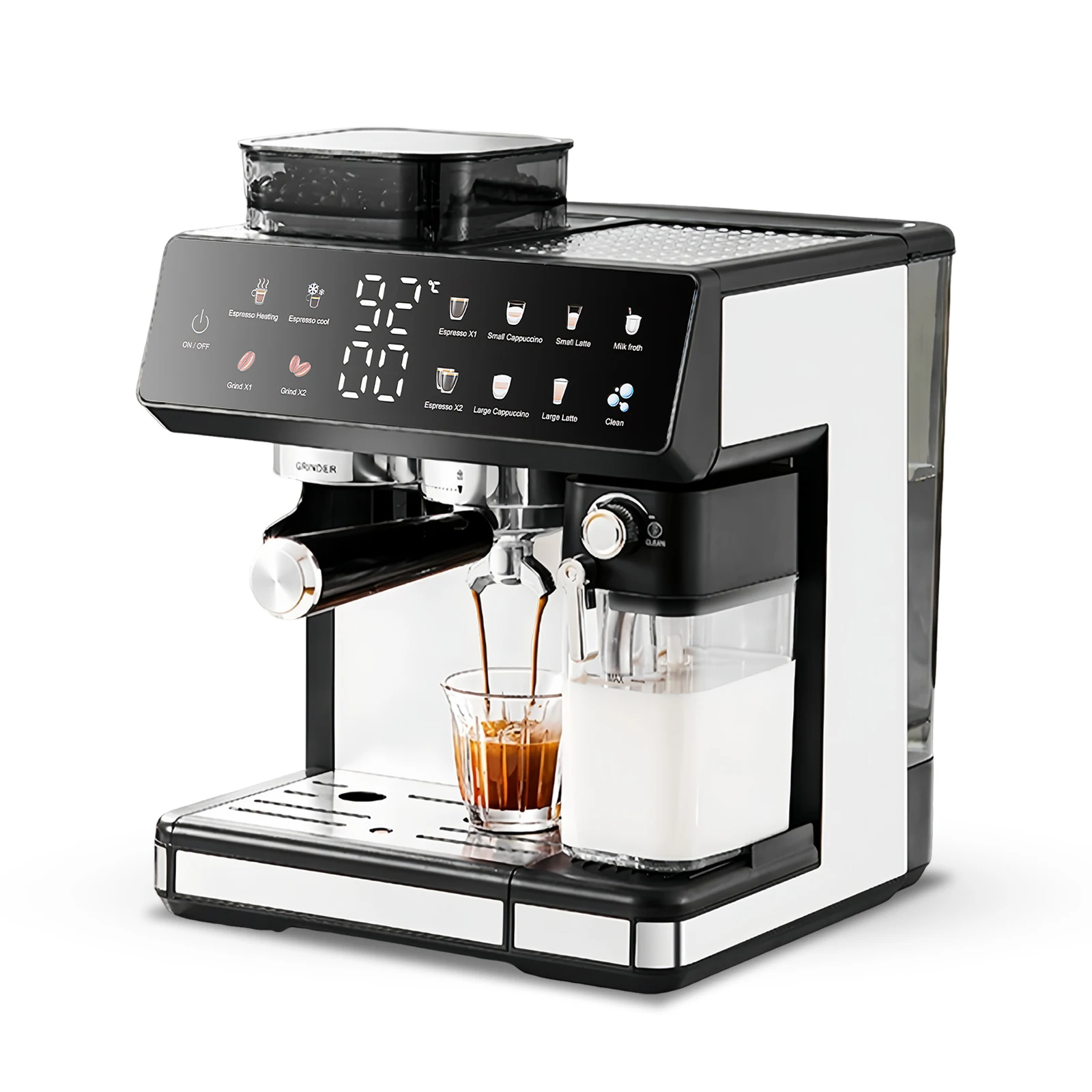 Café 1350 W entièrement automatique, avec double chaudière et mousseur à lait, réservoir d'eau 2,7 L, écran tactile, café en grains et poudre