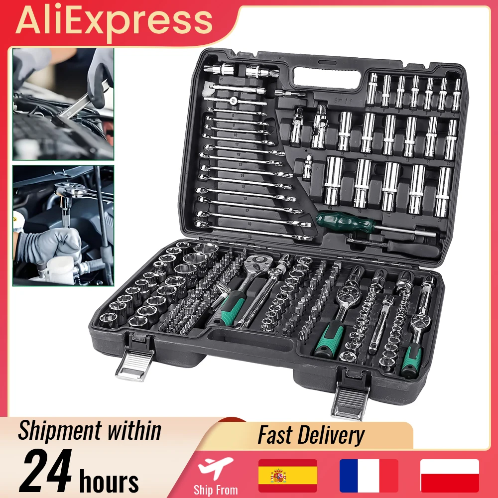 Boîte à outils de réparation automobile avec clé à cliquet combinée de 216 pièces, kit d'outils de réparation de douilles pour l'entretien automobile