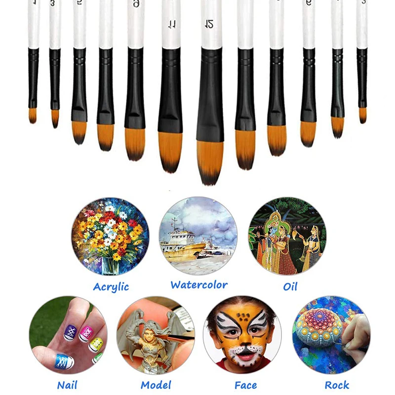 12pcs Synthetic Nylon Tip Filbert Paint Brushes Set Artist Brush for Acrylic Oil Watercolor Gouache Artist Professional Painting