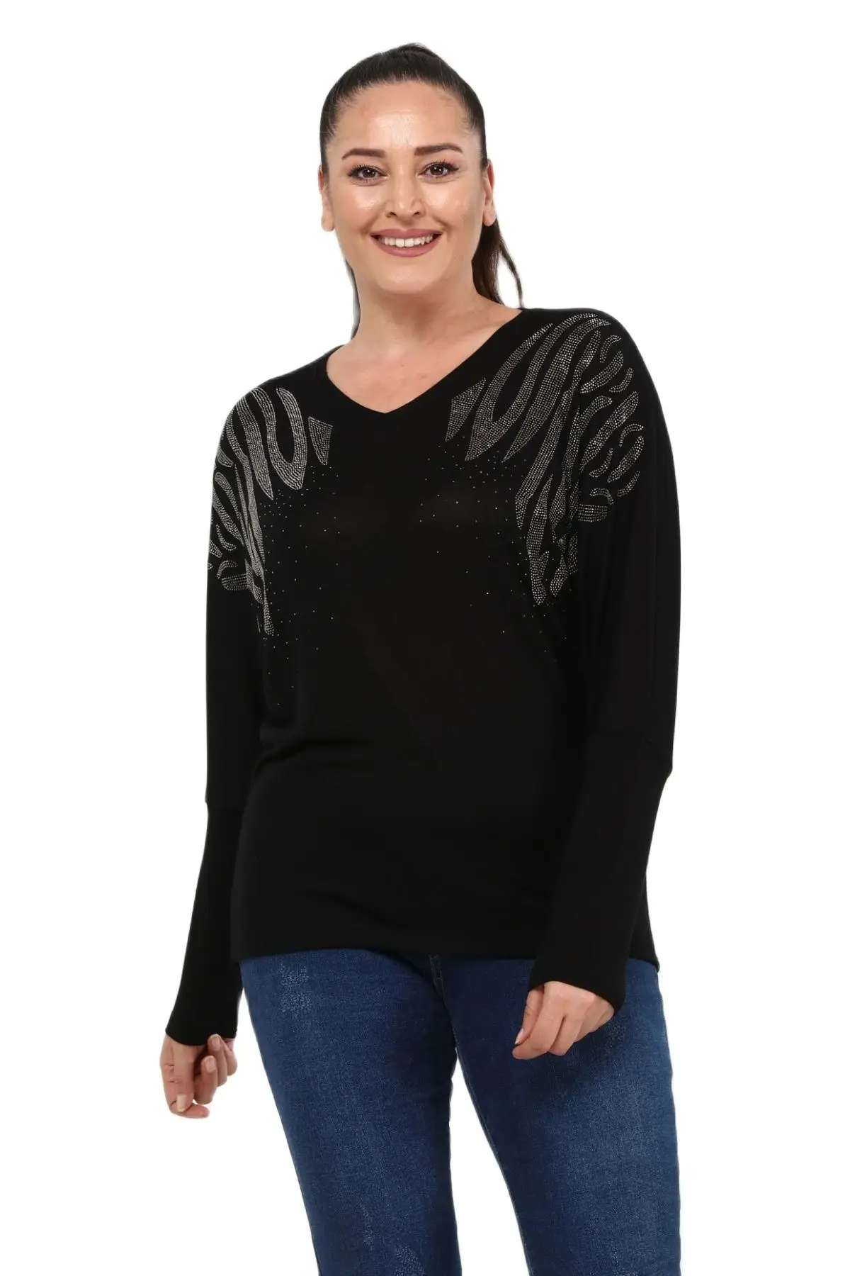 Women’s Plus Size Black Blouse V-Neck Bat Arm Silver Stone Detail, Designed and Made in Turkey, New Arrival