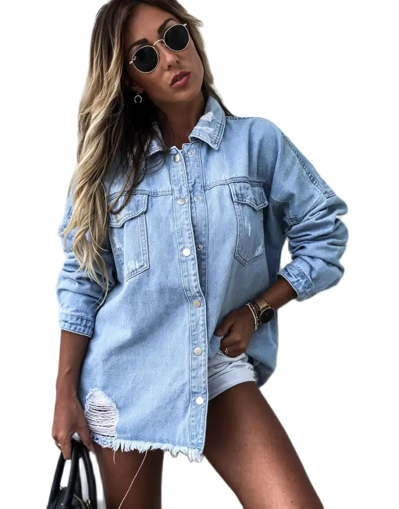 2023 Fall New Women\'s Long Sleeve Denim Shirt Fashion Ripped Mid-length Jeans Shirt Tops Boyfriend Loose Shirts S-XL drop ship