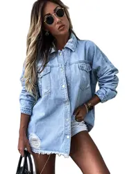 2023 Fall New Women's Long Sleeve Denim Shirt Fashion Ripped Mid-length Jeans Shirt Tops Boyfriend Loose Shirts S-XL drop ship