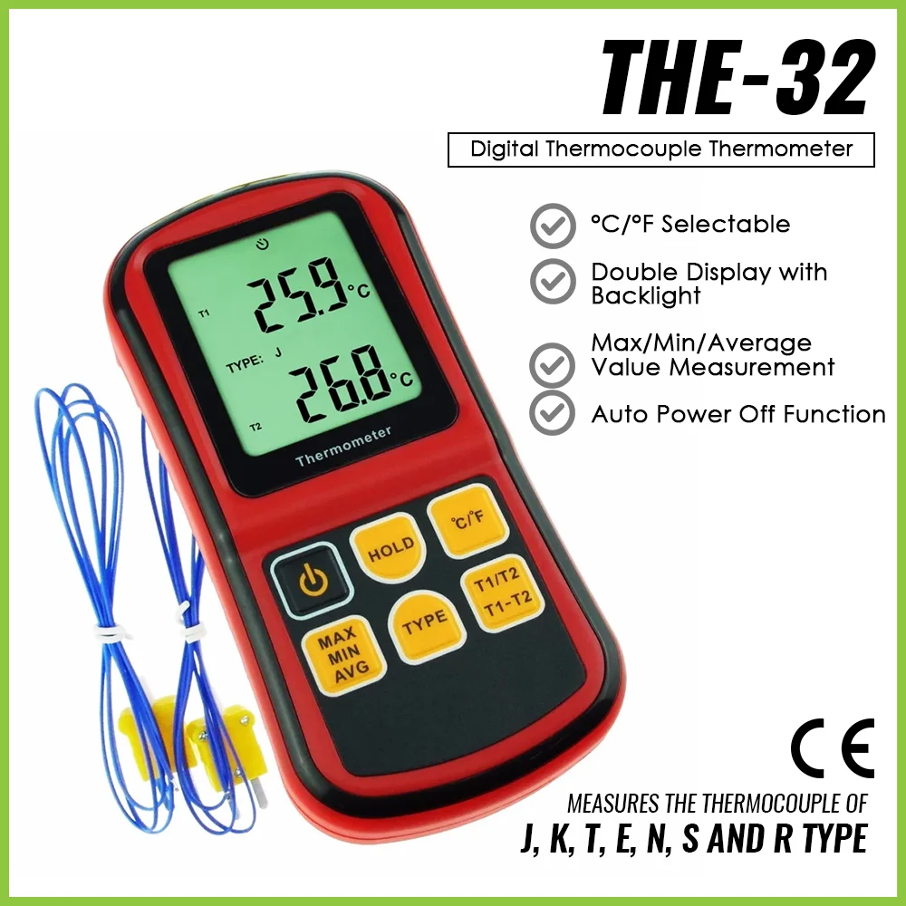 Digital Dual Channel K J T E R S N Type Thermocouple Thermometer Meter Selectable Unit for Lab Food Processing Metallurgy HVAC