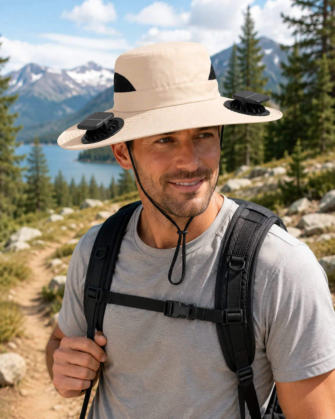 Solar Powered Fan Hat, Wide Brim Cooling Bucket Hat with USB Rechargeable Fan, Breathable Sun Protection Fishing Cap, Sweat Absorbent Outdoor Sunhat