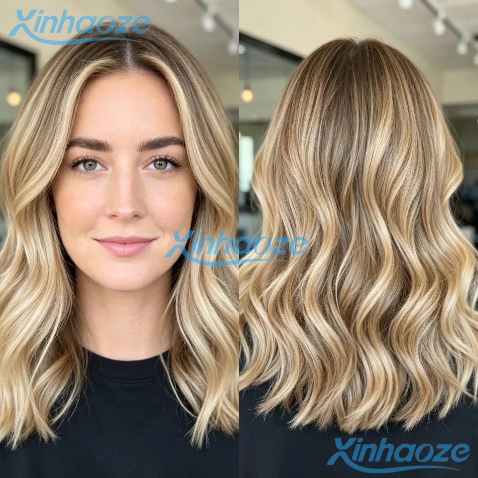 

Glueless Highlight Brown Platinum Blonde Balayage Human Hair Pre Plucked 13x4 Lace Front Wigs Short Body Wavy Style Hair Wigs
