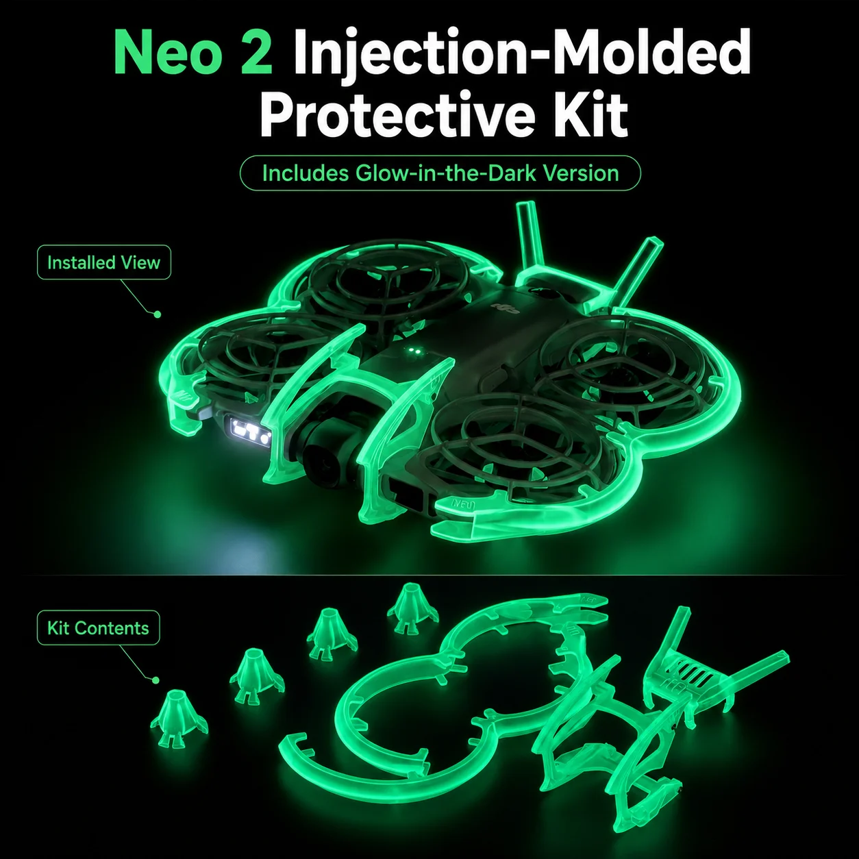 Kit de Proteção Fluorescente Neo 2 que Brilha no Escuro para Drones FPV, Acessórios Protetores Leves Moldados por Injeção em PC
