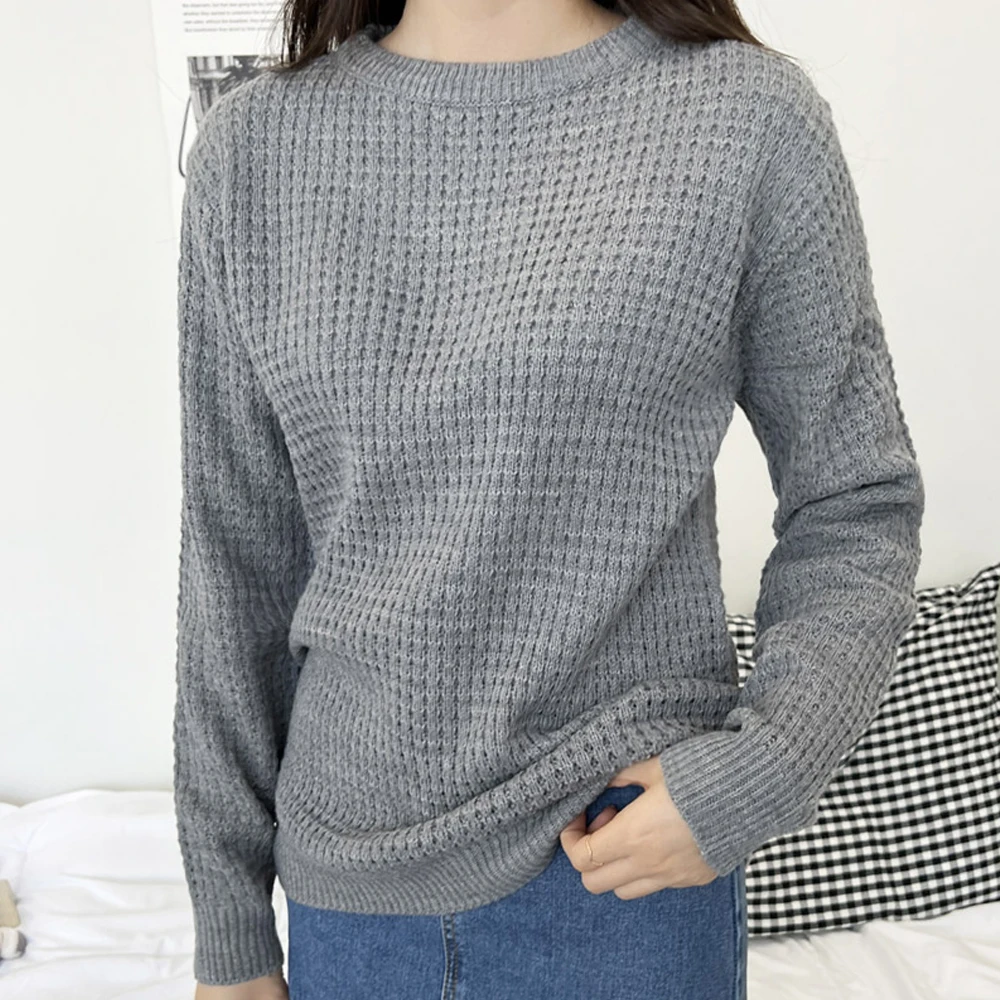 Women Wafples Kit Sweaters Spring Autumn Loose Round Neck T-Shirt