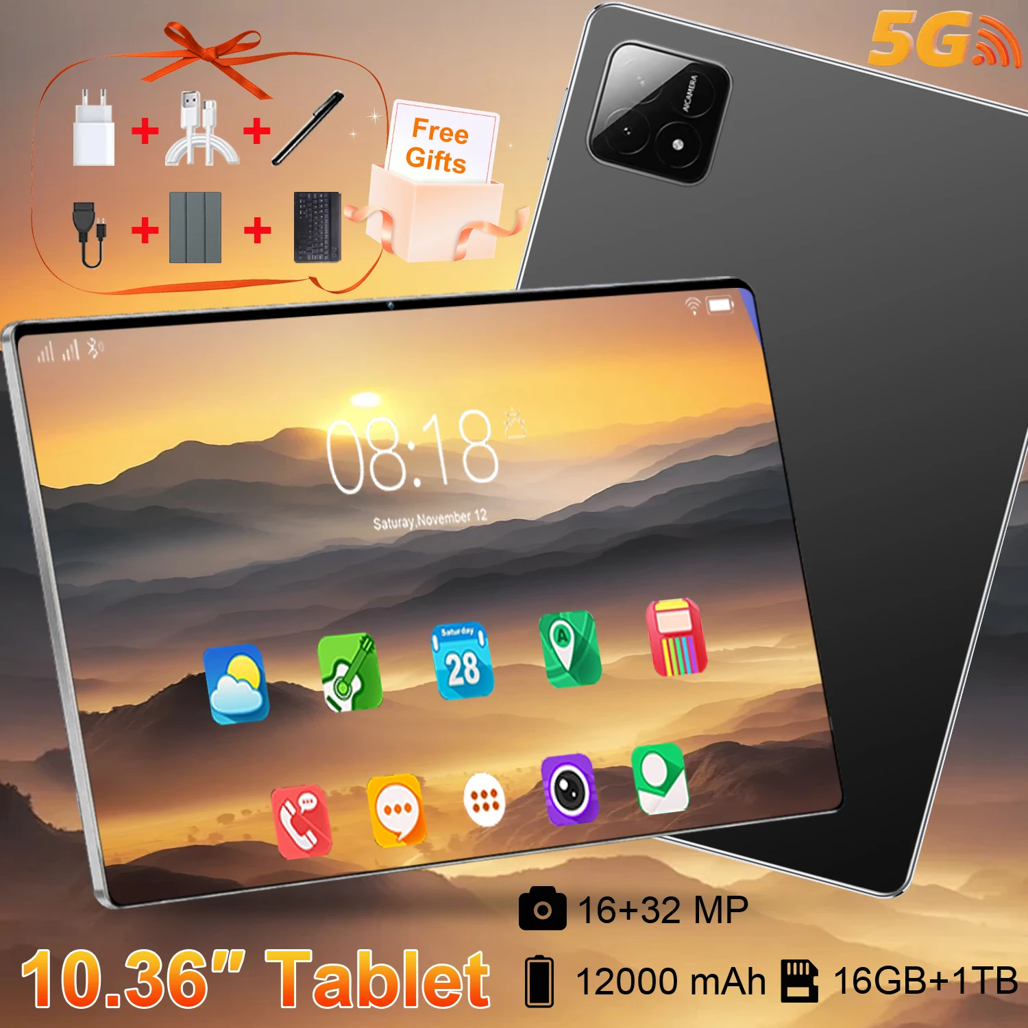 Tableta de Alto Rendimiento de 10.36 Pulgadas, Android 13, Procesador de 10 Núcleos, 16Gb+1Tb, Batería de Larga Duración de 12000Mah, 5g