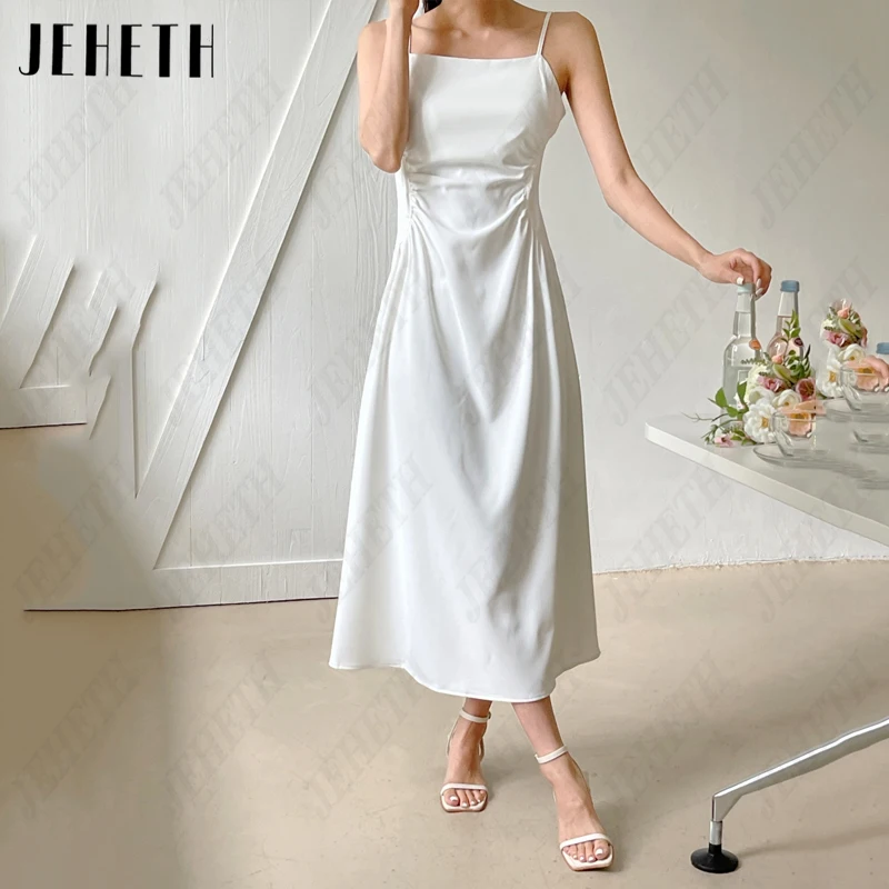 JEHETH Pleat Square Neck Korea Bridal Gown Women Spaghetti Straps Simple Wedding Dress A-Line Satin 웨딩드레스 Photography Tea-Length