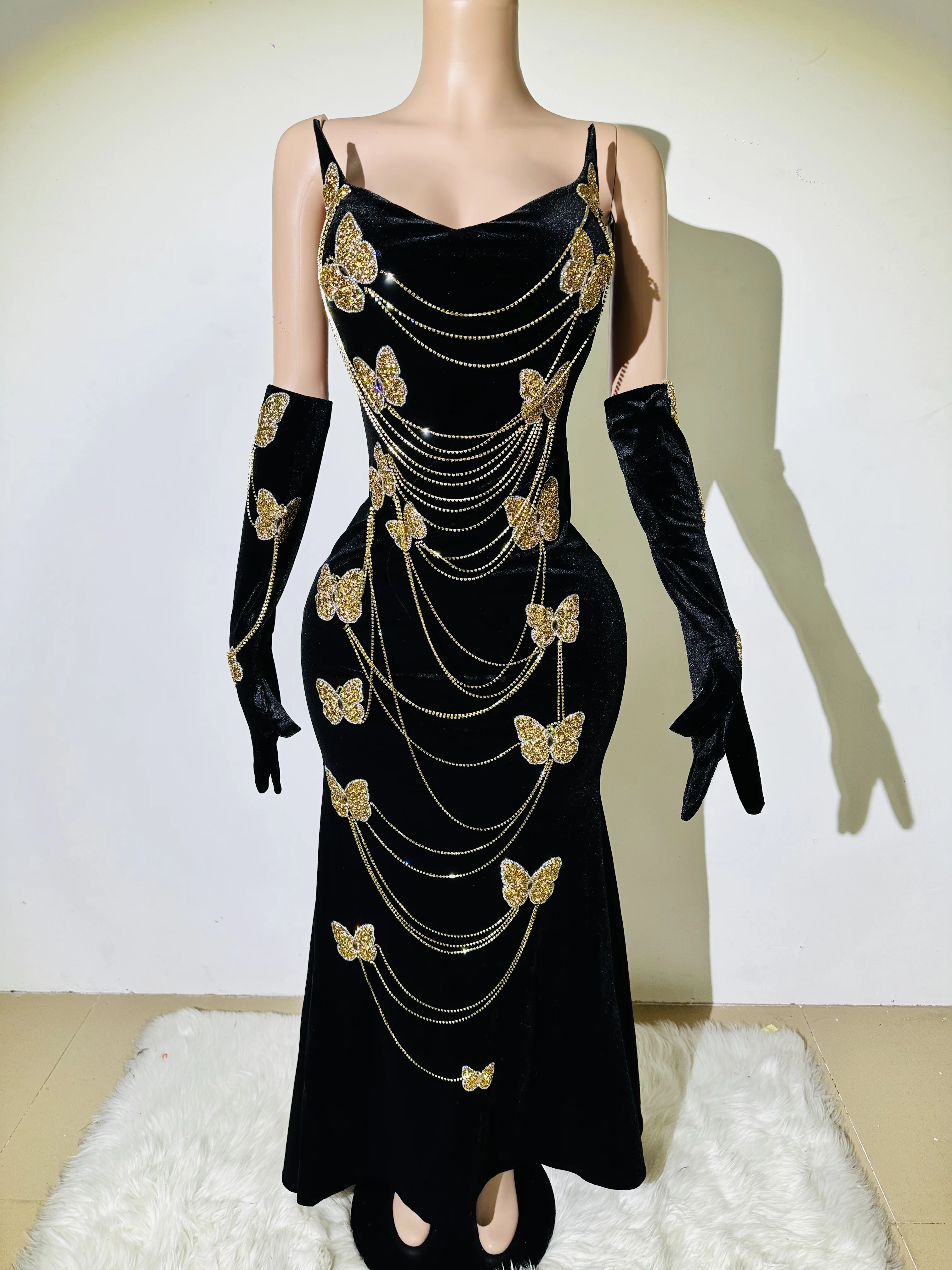 

2025 Summer women fashion gold butterfly rhinestone chain black off shoulder long dress elegant party dress vintage