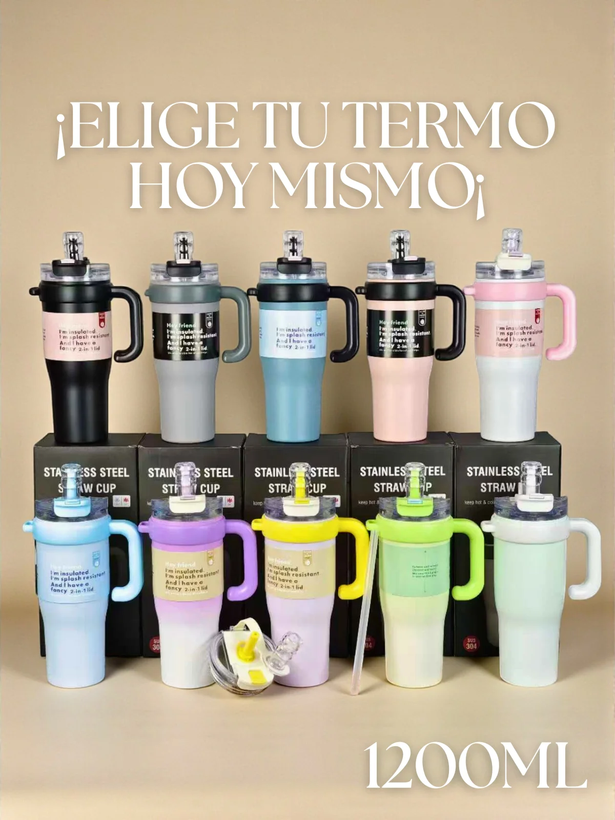 Termo de Acero Inoxidable FAB-8 1200 ml con Doble Pared Térmica, Asa Ergonómica y Tapa con Boquilla y Popote Integrado