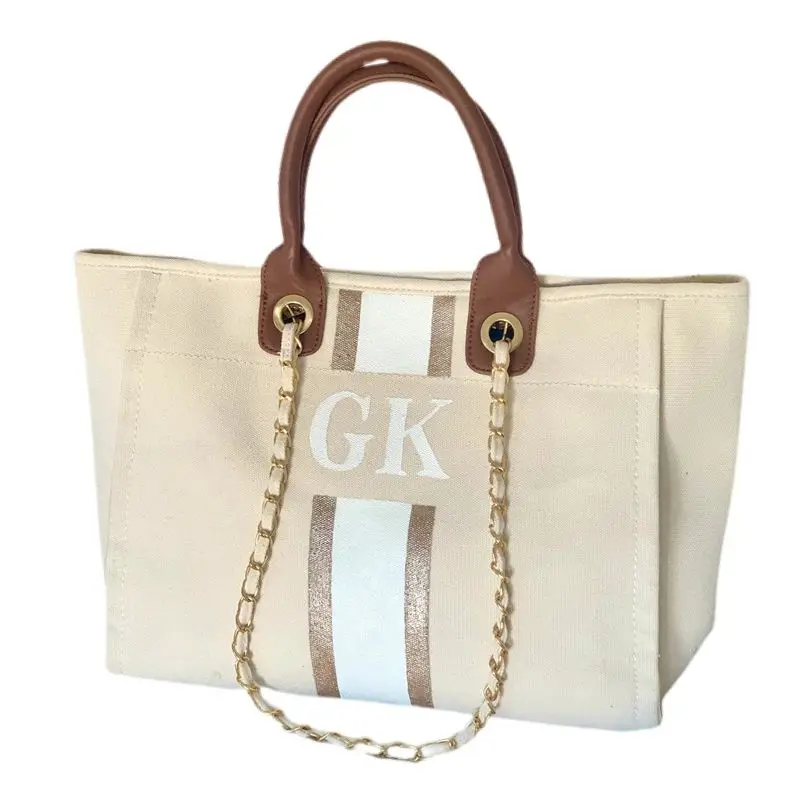 

Luxury Canvas Stripe Tote Bag, Personalised Monogram Tote Bag, Canvas Chain Beach Shopping Tote Bag, Personalized Weekend Bag