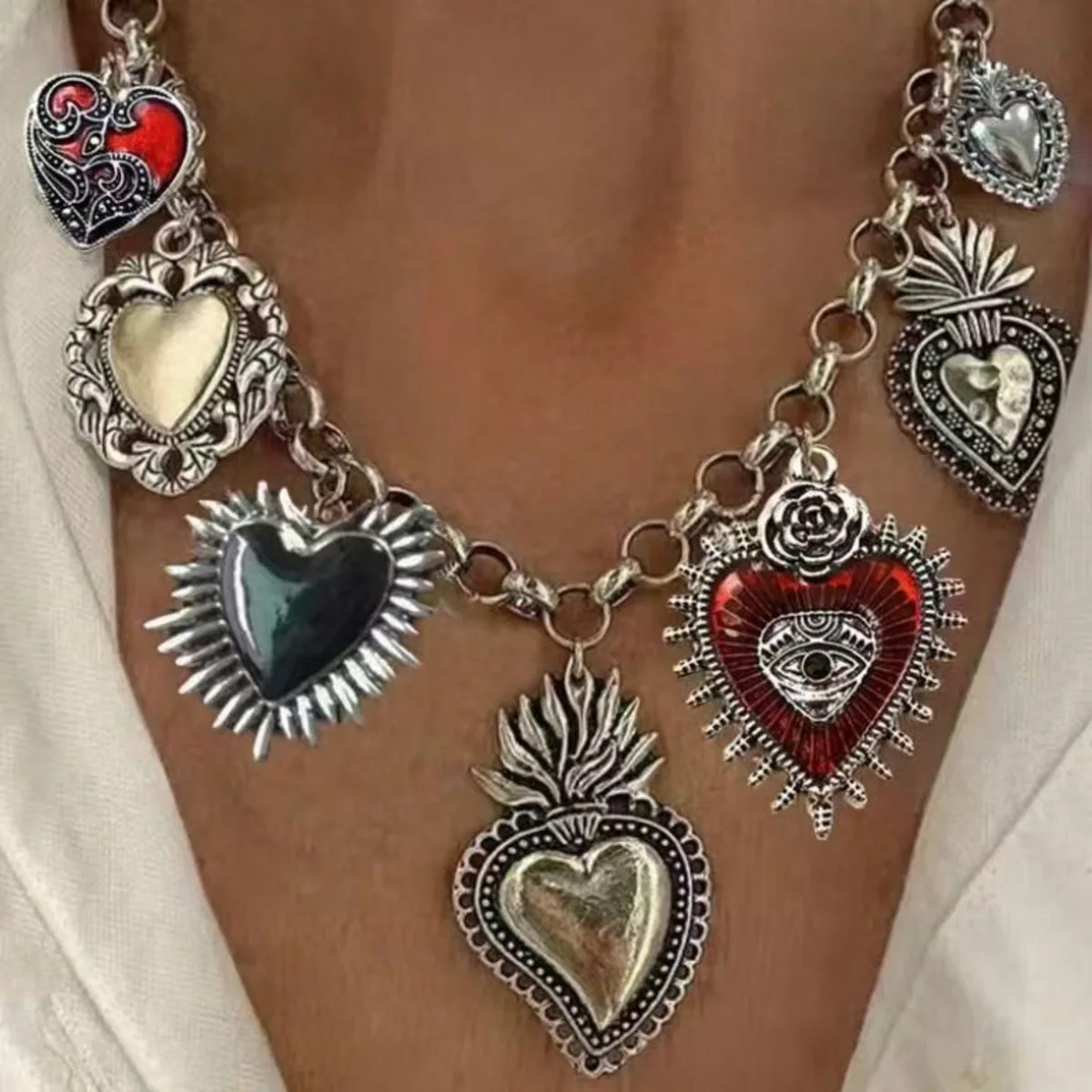 Christian Mix Mexican Catholic Sacred Heart Amulet Pendants Religious Charms Necklace Jewelry Silver Plated Tones women