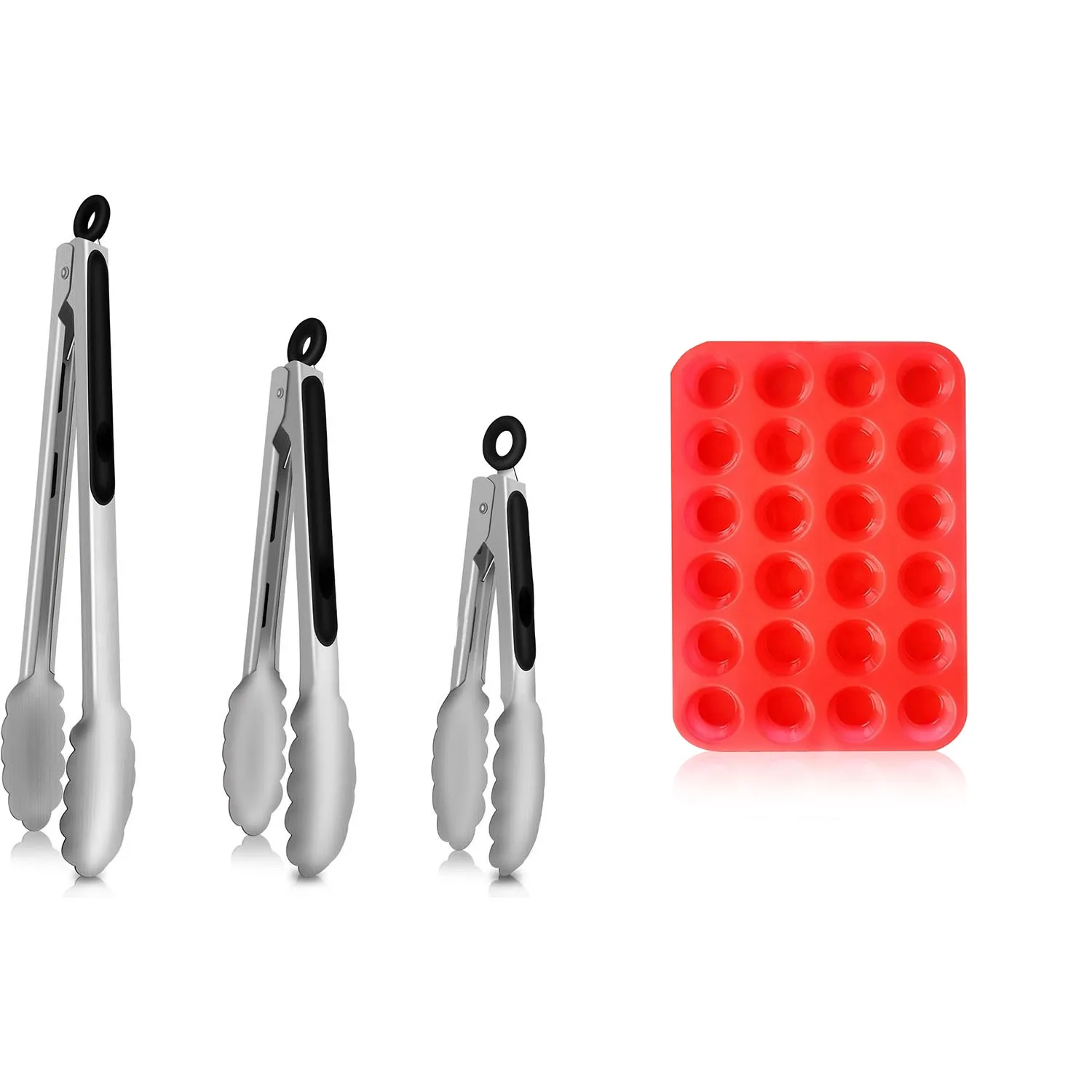 Tongs,Tongs For Cooking,Kitchen Tongs & Silicone Muffin Pan,Muffin Pan, Set Of 3 Heavy Duty Locking Metal Food Tongs(4 Pcs)