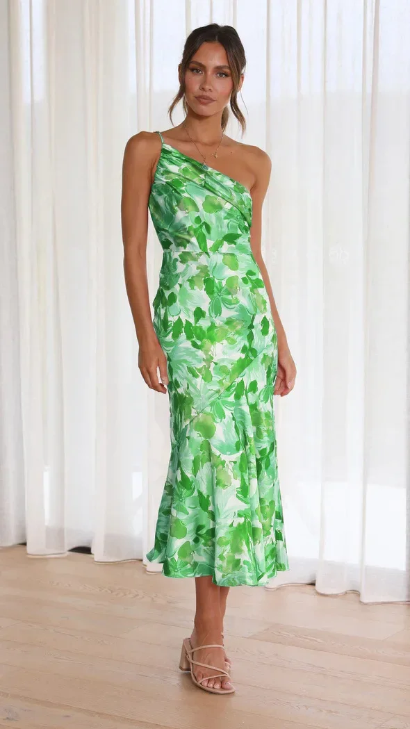Damskie sukienki bez rękawów ze skośnymi ramionami, wąskie sukienki imprezowe seksowne z odkrytymi ramionami kwiatowy nadruk eleganckie Bodycon Fishtail wieczorowe Vestidos — zdjęcie 2